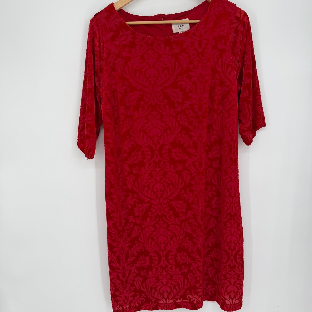 ECI New York Shift Dress XL Red Burnout Velvet Damask Keyhole Back 3/4 Sleeve